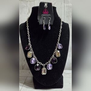 paparazzi Silver-Tone Purple & Iridescent Drop Necklace with Matching Earrings